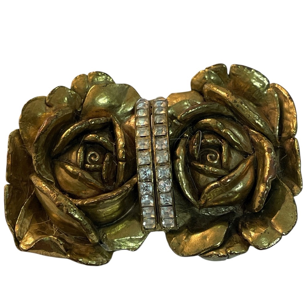 Antique STERLING BUTTON CO NEW YORK Brooch Molded Resin Double Roses Rhinestones
